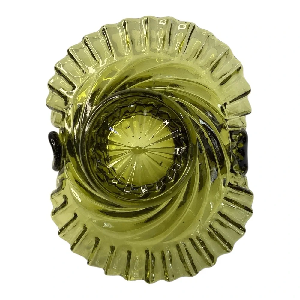 Vintage Fenton Green Glass Candy Dish Bridal Basket Crimped Ruffle Ruffled Edge